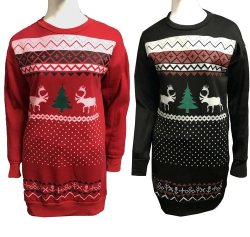 Womens Ladies Christmas Fleece Tree Reindeer Long Tunic Sweatshirt Jumper Dress
