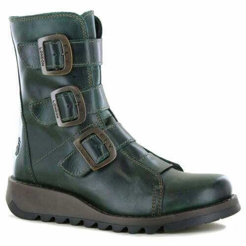 Petrol Green Fly London Scop 110 Womens Leather 3-Buckle Zip Boots