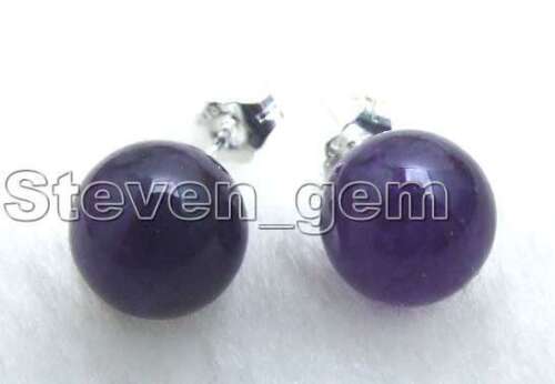 Vente Gros Violet 10 Mm Rond Haute Qualité Naturel Jade Earring Stud 925-ear141