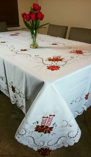 72x144" Large Holiday Christmas Party Embroidery Poinsettia Tablecloth 12 Napkin 
