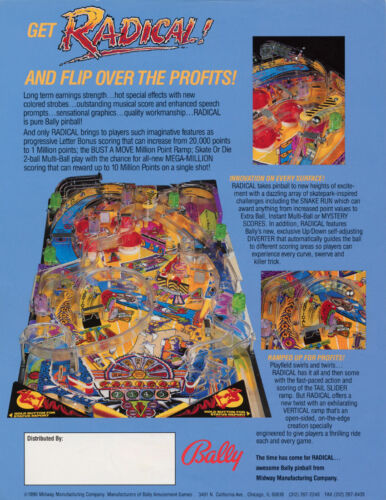Bally Radical Pinball FLYER 1990 Original NOS Skateboarding Paper Artwork Sheet