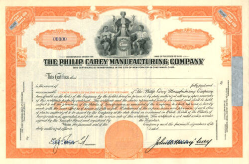 Philip Carey Manufacturing Company Specimen Stock Certificate 