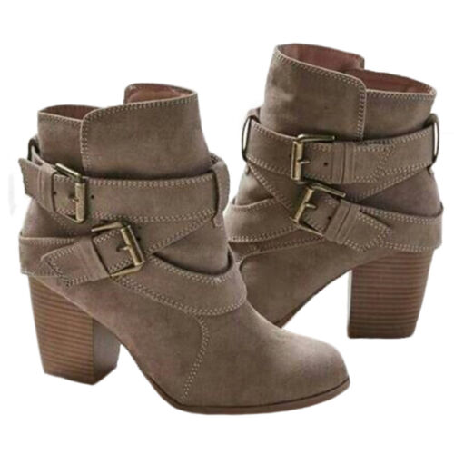 Womens Ladies Faux Suede Mid Block Heel Buckle Work Ankle Strap Boot Shoes Sizes