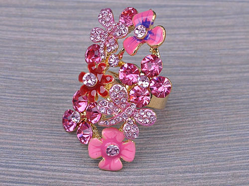 Fun Cute Flirty Bright Rose Pink Rhinestone Gathering Flower Floral Cluster Ring 