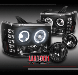 07-13 GMC SIERRA DENALI HALO LED BLACK PROJECTOR HEAD LIGHT+SMOKE BUMPER FOG SET