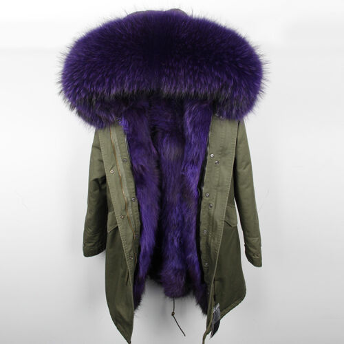 Women Large Real Raccoon Fur Collar /& Lined Coat Winter Long Parka Warm Jacket