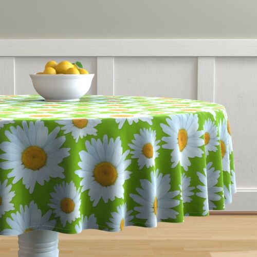 Round Tablecloth Daisy Daisies Lime Green Orange Sixties Retro Cotton Sateen 