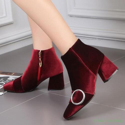 Hot Femme Neuf Velours Bottines Loisirs bout carré Chunky Talons Hauts Chaussures Taille Plus 