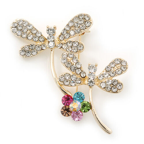 Double Diamante Butterfly Brooch In Gold Plating 45mm Length 