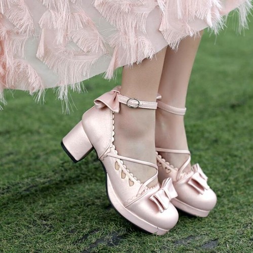 Details about / Women Mary Jane Bowknot Cross Strap Block Heels Lolita Sweet Girl Shoes Plus sz