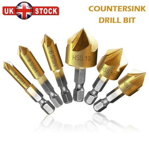 HSS Countersink Drill Bit Set Chamfer Cutter 6pcs Baban 5 Flute 90° 1//4/'/' Hex UK