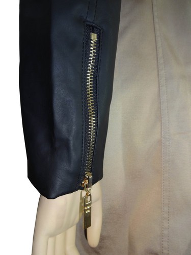 New Fashion Ladies Women faux Leather Sleeve Double Breasted Trench Coat Jacket
