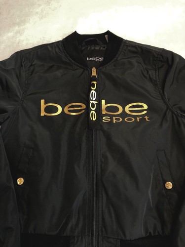 NWT BEBE Sport Logo Black Jacket Nylon with Large Gold LOGO Very Cool S M L