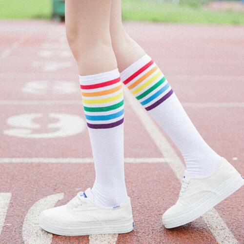 Women Thigh High Socks Over Knee Rainbow Stripe Girls Football Long Socks QK 