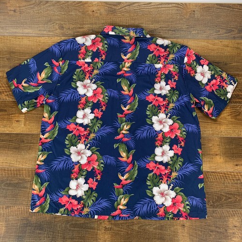 KYS Hawaiian Mens Button Up Shirt Blue Hibiscus Floral Lei Print