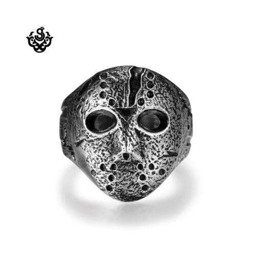 Silver bikies ring Friday the 13th mask replica stainless steel band soft gothic