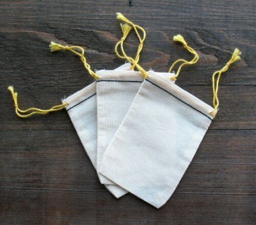 25 Mini Cotton Muslin Black Hem and Yellow Drawstring Bags 