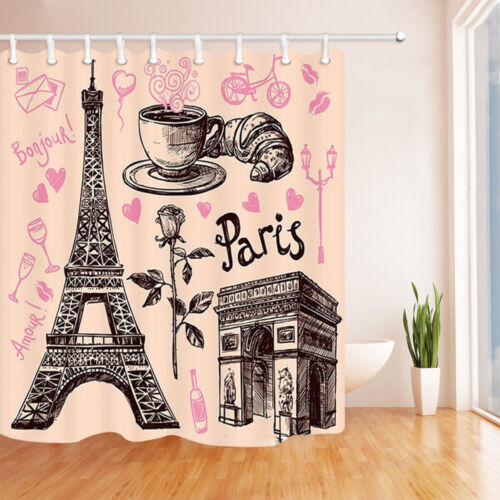 Romantic Paris Eiffel Tower Polyester Fabric Shower Curtain Bathroom Mat 12 Hook