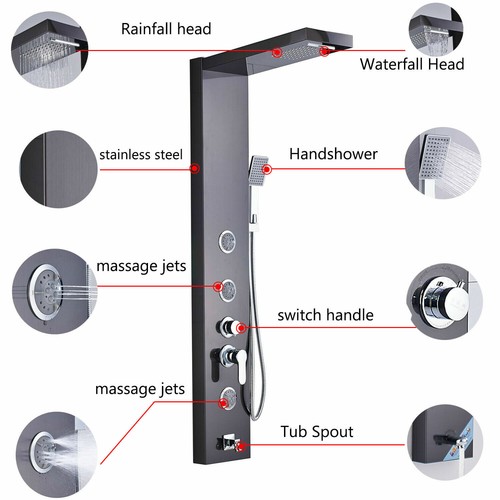Black Shower Panel Tower Rain Waterfall Massage Body System Jet Tub Spout Tap