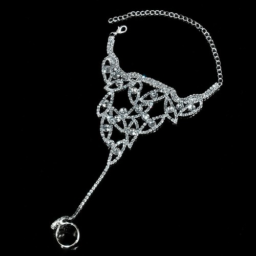Plata Pulsera Brazalete De Mano Esclavo Anillo Cadena Diamante Diamante Estrás Joyería