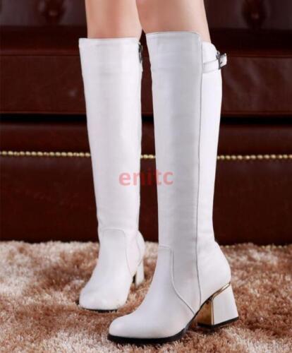 Details about   New British Mid Cuban Heel Knee High Strappy Womens Knight Boots High Boots Q427 