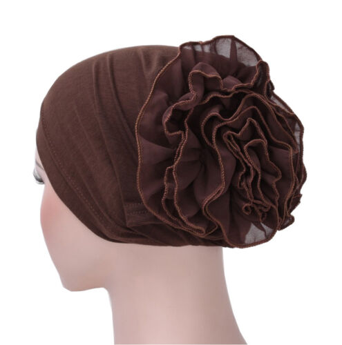 Ladies Solid Color Chiffon Floral Turban Hats Indian Style Slouchy Beanie Caps 
