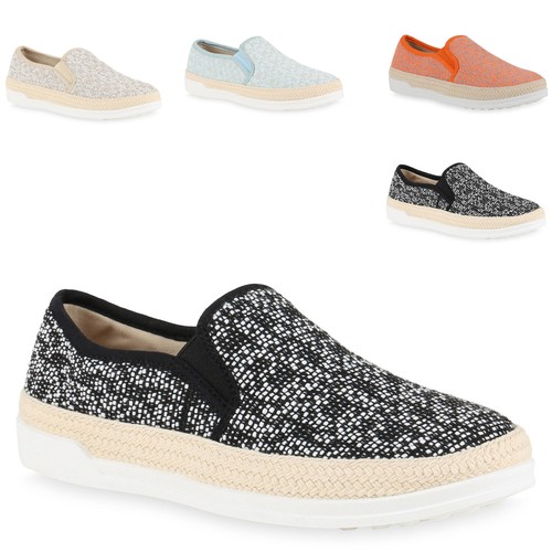 Damen Slipper Slip-ons Bast Prints Profilsohle Flats Schuhe 815816 Trendy Neu