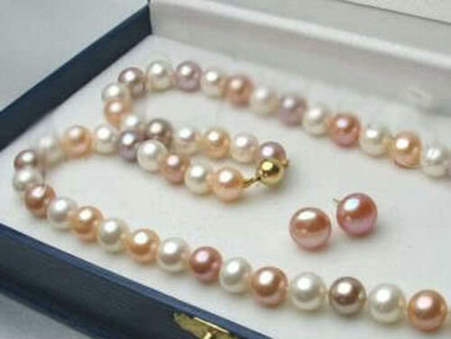 7-8mm White/Pink/Purple Akoya Cultured Pearl 14K GP Necklace 18'' Earring 