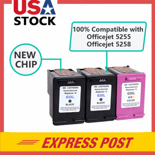 3Pack 63XL Black /& Color 63 xl Ink Cartridges for HP OfficeJet 5255 5258 3830
