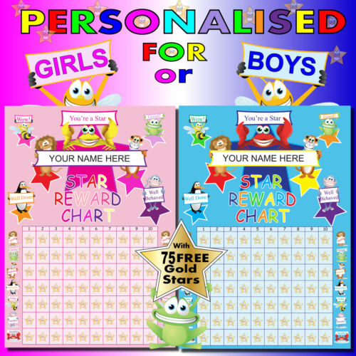 Reward Chart for Girls or Boys Personalised  with 75 Gold Metallic Stars FREE