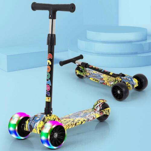 3 Wheel Adjustable LED Kick Scooter Deluxe Height T-bar Glider For Toddler Kids 