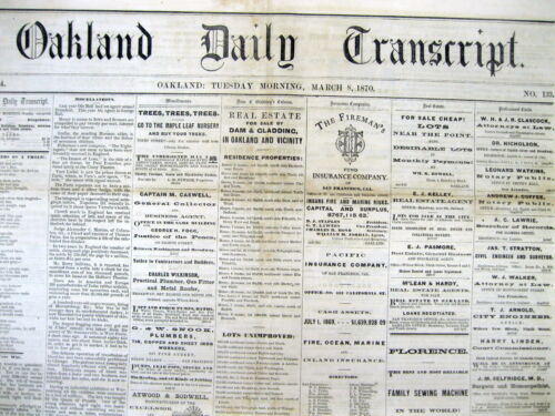 Rare original 1870 OAKLAND DAILY TRANSCRIPT newspaper CALIFORNIA 150 years old !