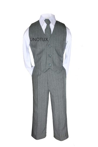 New 4 pcs Boys Gray Pinstripe Vest Suit Set Necktie Formal Suit tuxedo Size S-20