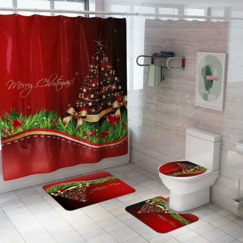 4Pcs Santa Christmas Shower Curtain Set with Toilet Seat Mat Anti Slip Soft Rugs 