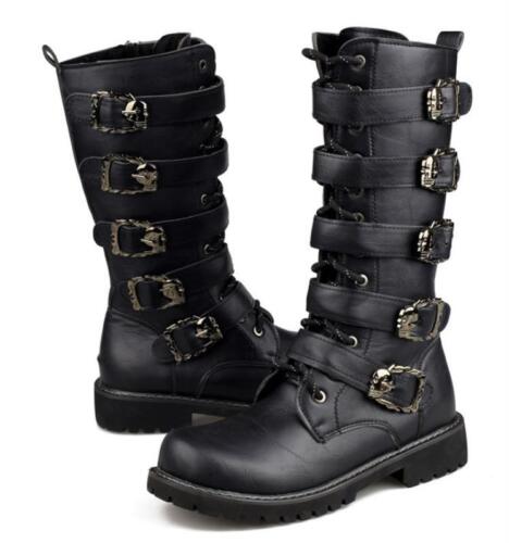 Mens Knee High Boots Zip Toe Buckle Strap Motorcycle Combat Casual Suede Shoes