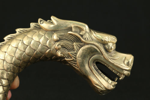 ASIAN CHINESE OLD COPPER HAND CARVED FEROCITY DRAGON STATUE WALKING STICK HEAD