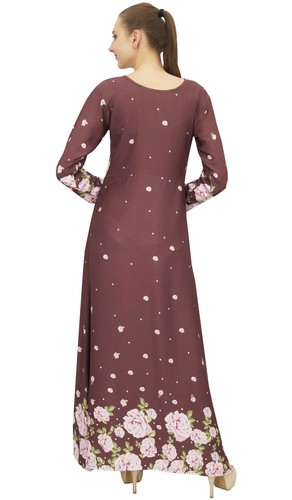 Bimba Damen Casual Floral Digital bedruckt lange braune Maxi Designer-Kleid