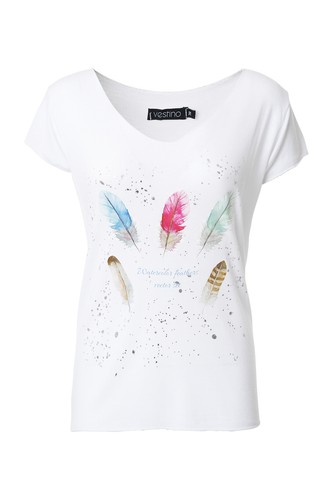 Vestino Damen Shirt Kurzarm V-Ausschnitt Feder-Print NEU
