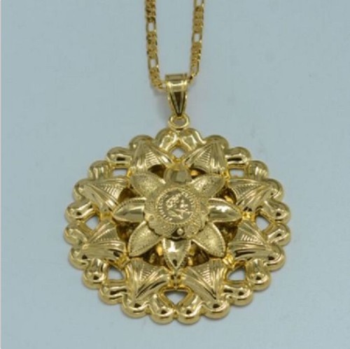 Bold Flower Coin Necklace Pendant 18K Gold Plated African Arabian Indian Turkish