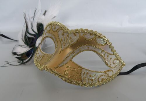 Cream /& Gold With Peacock Feathers Venetian Masquerade Party Mask NEW