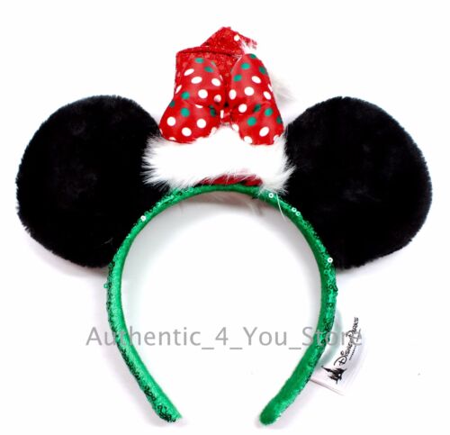 NEW Disney Mickey Minnie Ears Sequin Santa Hat Christmas Headband w/ Bow Holiday 