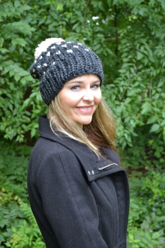 NEW Hand Made Knitted Women/'s Fair Isle Beanie Hat Toque Charcoal Gray USA made