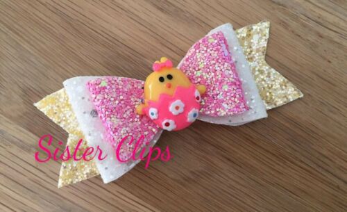 EASTER handmade 4/" glitter hair bow clip Easter egg chick chicken