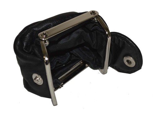 COIN JEWELRY POUCH METALLIC FRAME SNAP LEATHER POUCH VERY CUTE BLACK GIFT IDEA