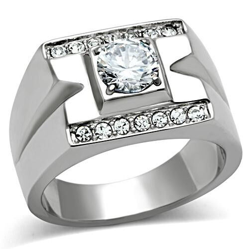 1.85ct Round Cut Clear CZ Stone Silver Stainless Steel Mens Ring 