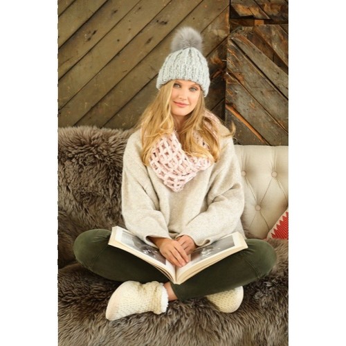 Fall Winter Rib Knit Beanie Hat Faux Rabbit Fur Pompom Holiday Gift Women Girls