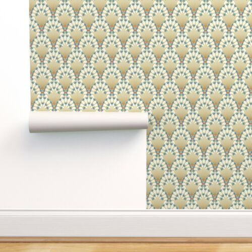 Removable Water-Activated Wallpaper Art Deco Flowers Beige Blue 1920s Glam 