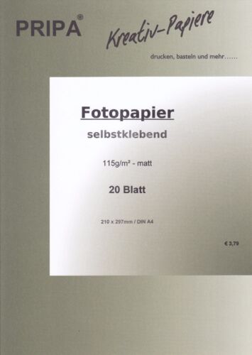Fotopapier 210 x 297mm DIN A4 SELBSTKLEBEND matt oder glanz Tintenstrahl PRIPA 