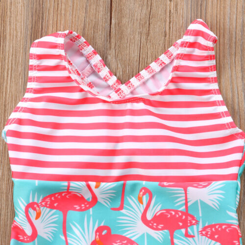 NEW Girls Blue Flamingo Striped Ruffle Swimsuit Bathing Suit 2T 3T 4T 5T 6 