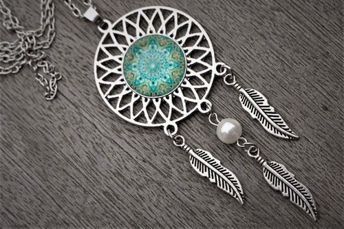 Green Mandala Dreamcatcher Long Necklace *Boho *Bohemian
